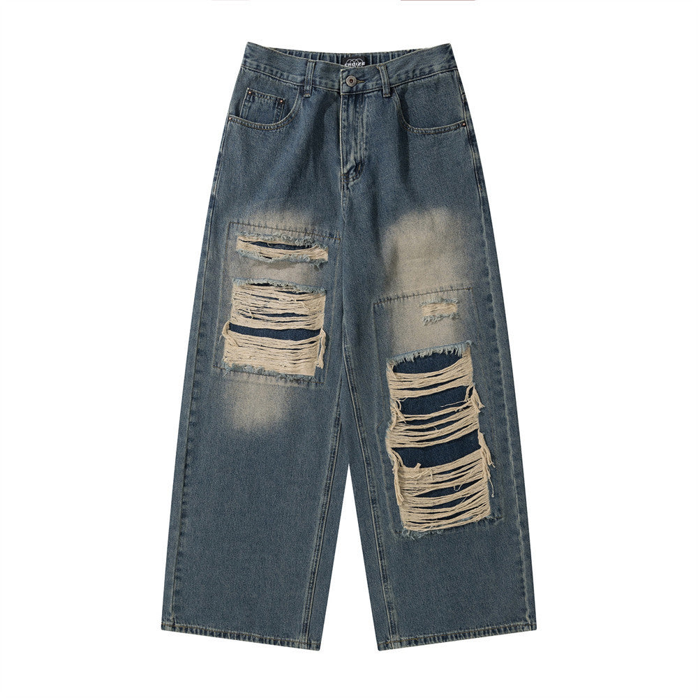 Ripped Patch Loose Wide-Leg Jeans Blue PinkLimes Trending Streetwear