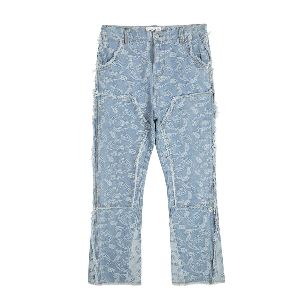 Jacquard Cashew Print Flared Jeans Blue PinkLimes Trending Streetwear