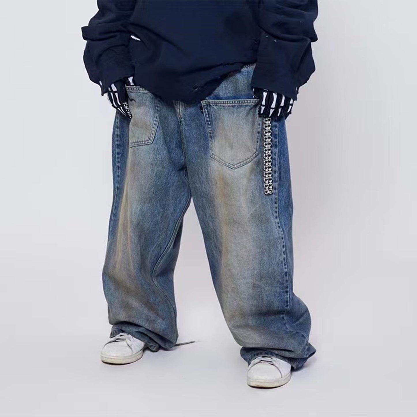 Men's Wear Women's Urban Men's And Women's Same-style Washed Trousers Trendy Front And Back Reverse Profile Blue Denim PinkLimes Trending Streetwear