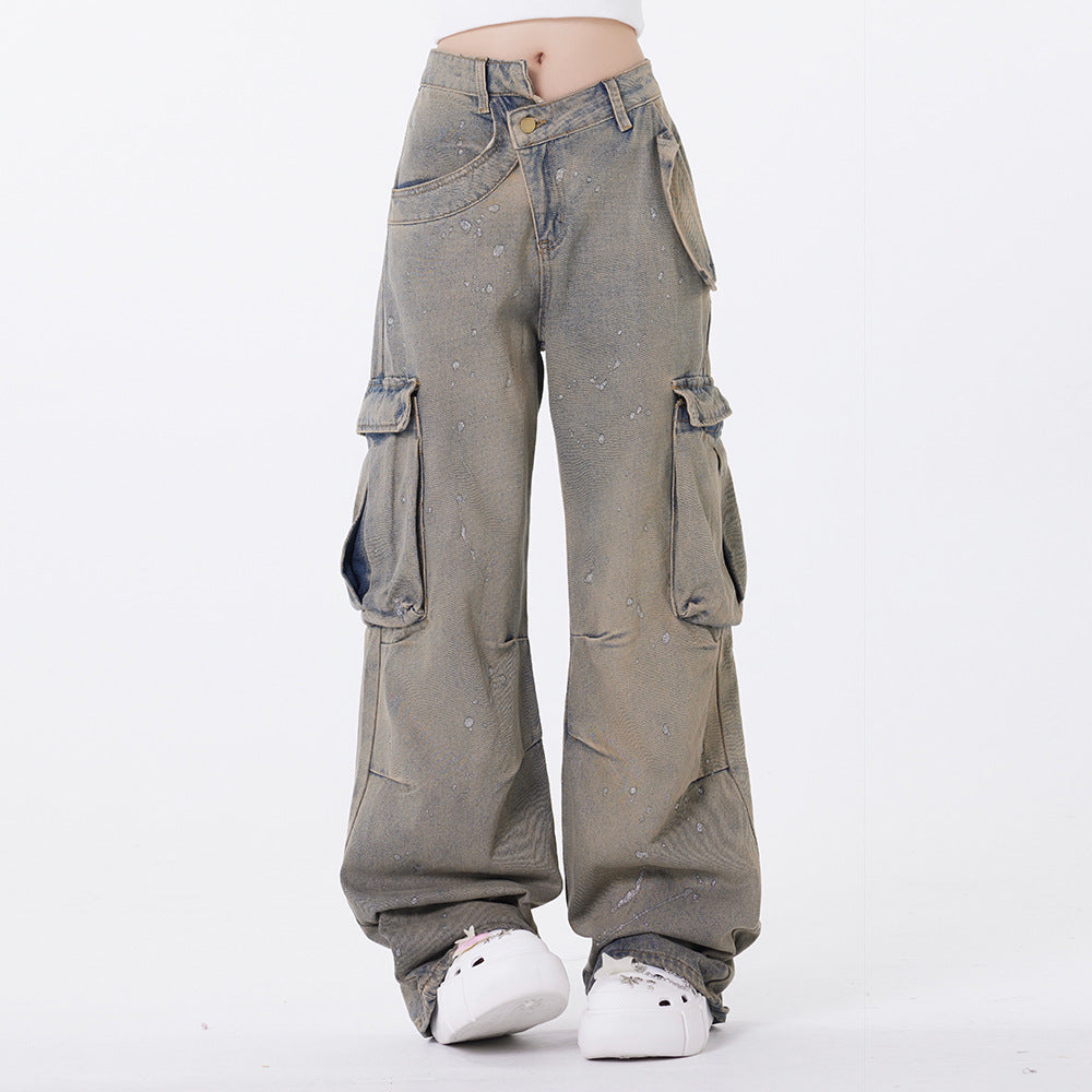 Washed Splash Denim Wide-Leg Cargo Pants PinkLimes Trending Streetwear
