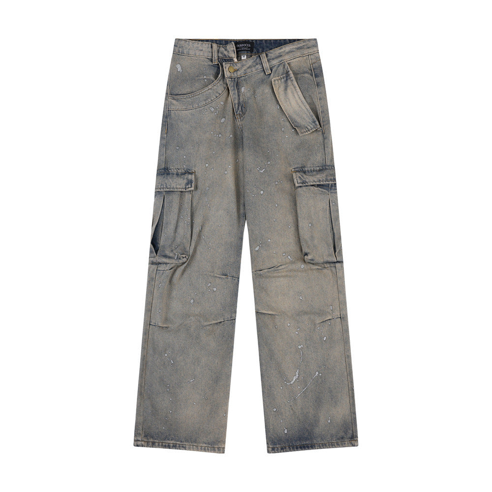 Washed Splash Denim Wide-Leg Cargo Pants Blue PinkLimes Trending Streetwear