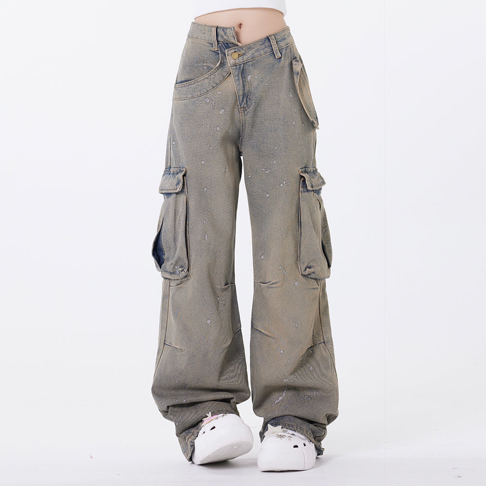 Washed Splash Denim Wide-Leg Cargo Pants PinkLimes Trending Streetwear