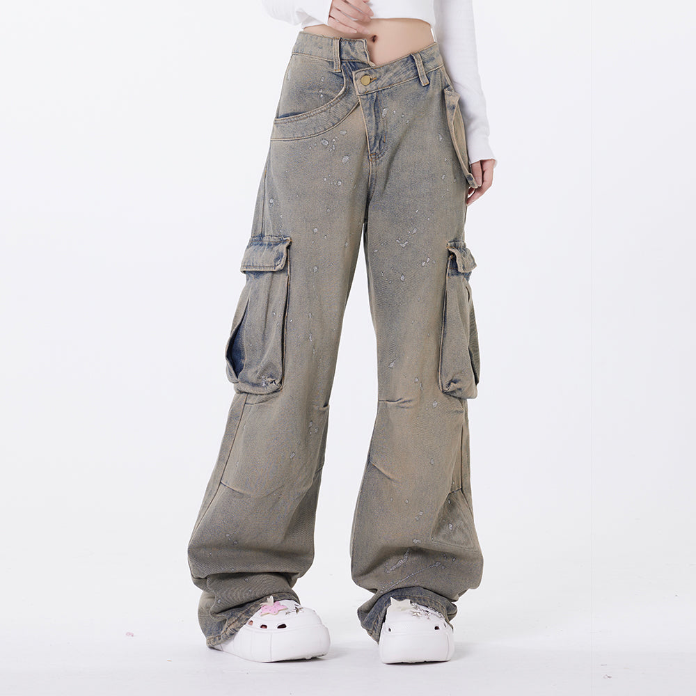 Washed Splash Denim Wide-Leg Cargo Pants PinkLimes Trending Streetwear