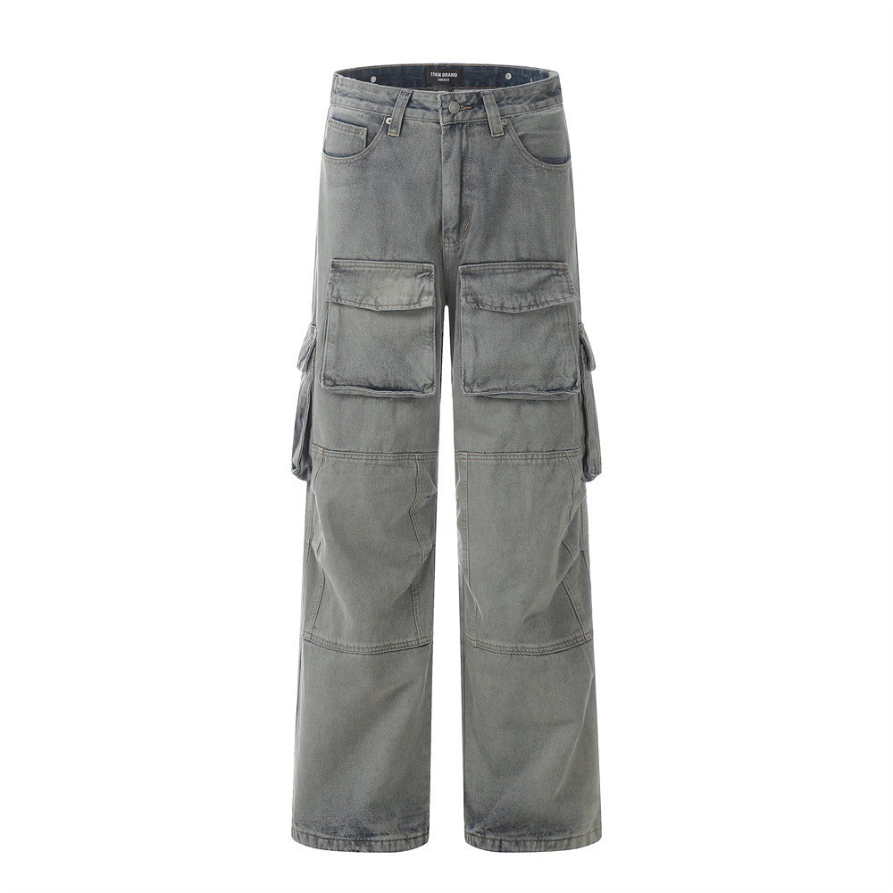 Spliced Washed Denim Cargo Pants Blue PinkLimes Trending Streetwear