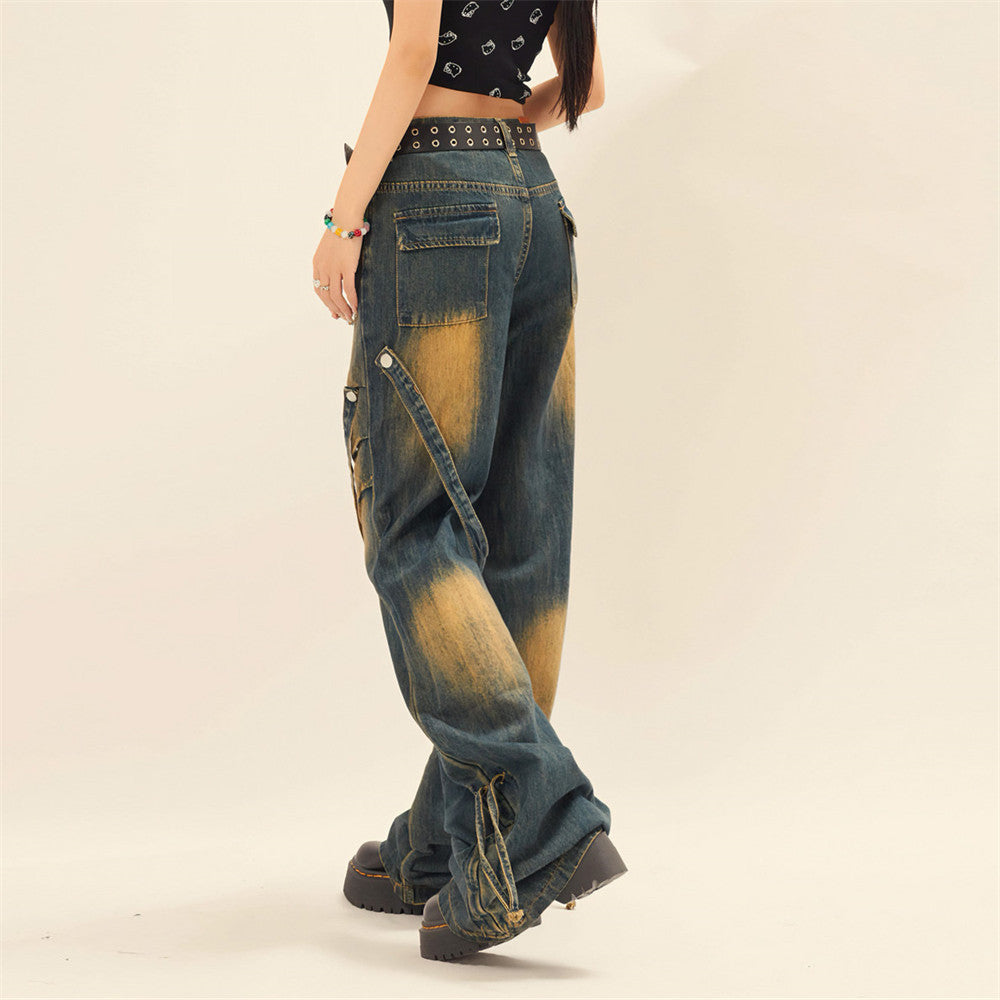 Spray-Painted Contrast Denim Cargo Pants PinkLimes Trending Streetwear