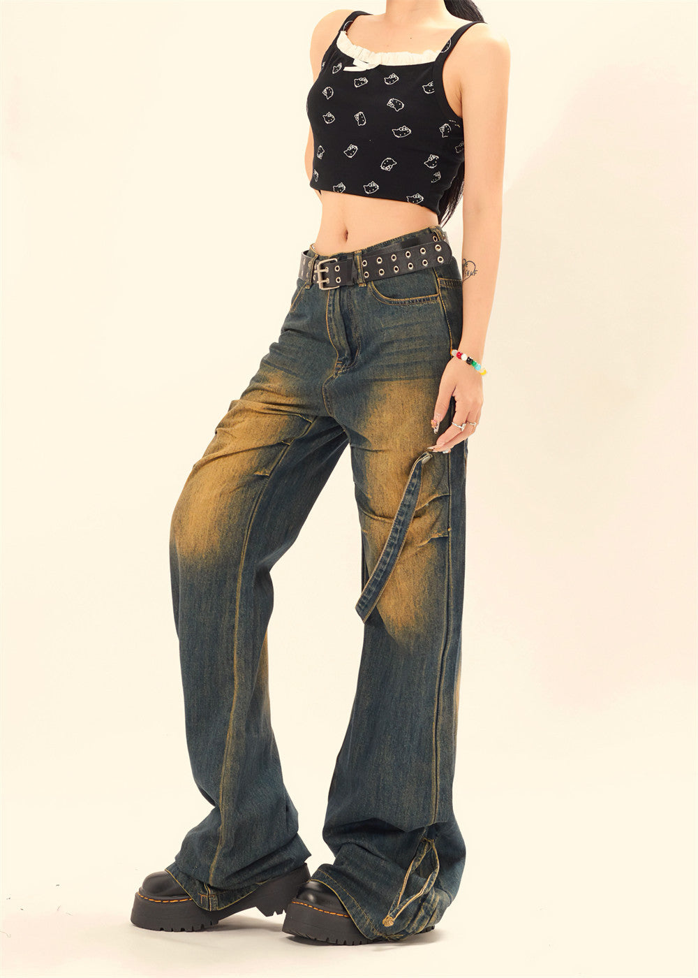 Spray-Painted Contrast Denim Cargo Pants PinkLimes Trending Streetwear