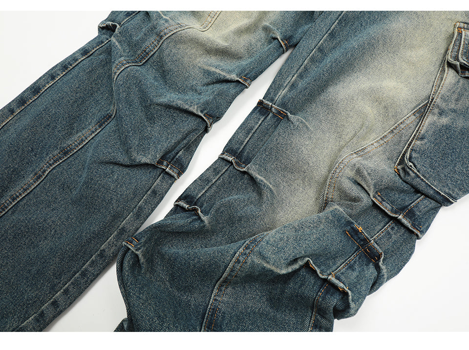 Pleated Washed Blue Denim Cargo Jeans PinkLimes Trending Streetwear