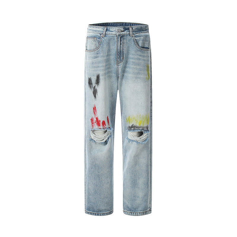 Splash-Ink Ripped Jeans Blue PinkLimes Trending Streetwear