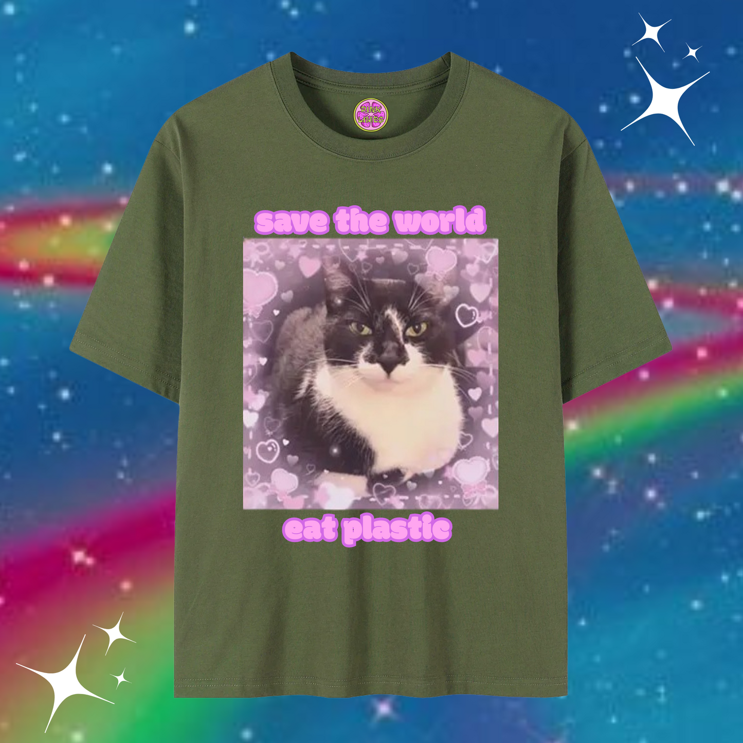 Save The World Eat Plastic Baggy Tee Army Green Shirts & Tops PinkLimes Trending Streetwear