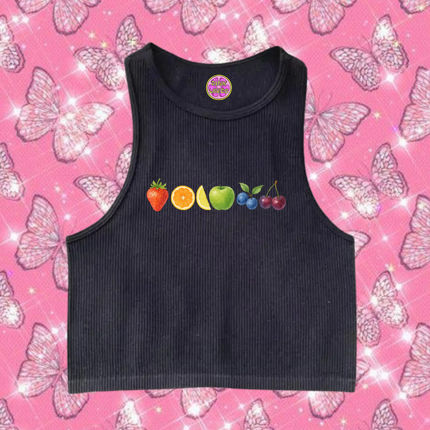 6 Fruity Crop Tank Top Black Shirts & Tops PinkLimes Trending Streetwear