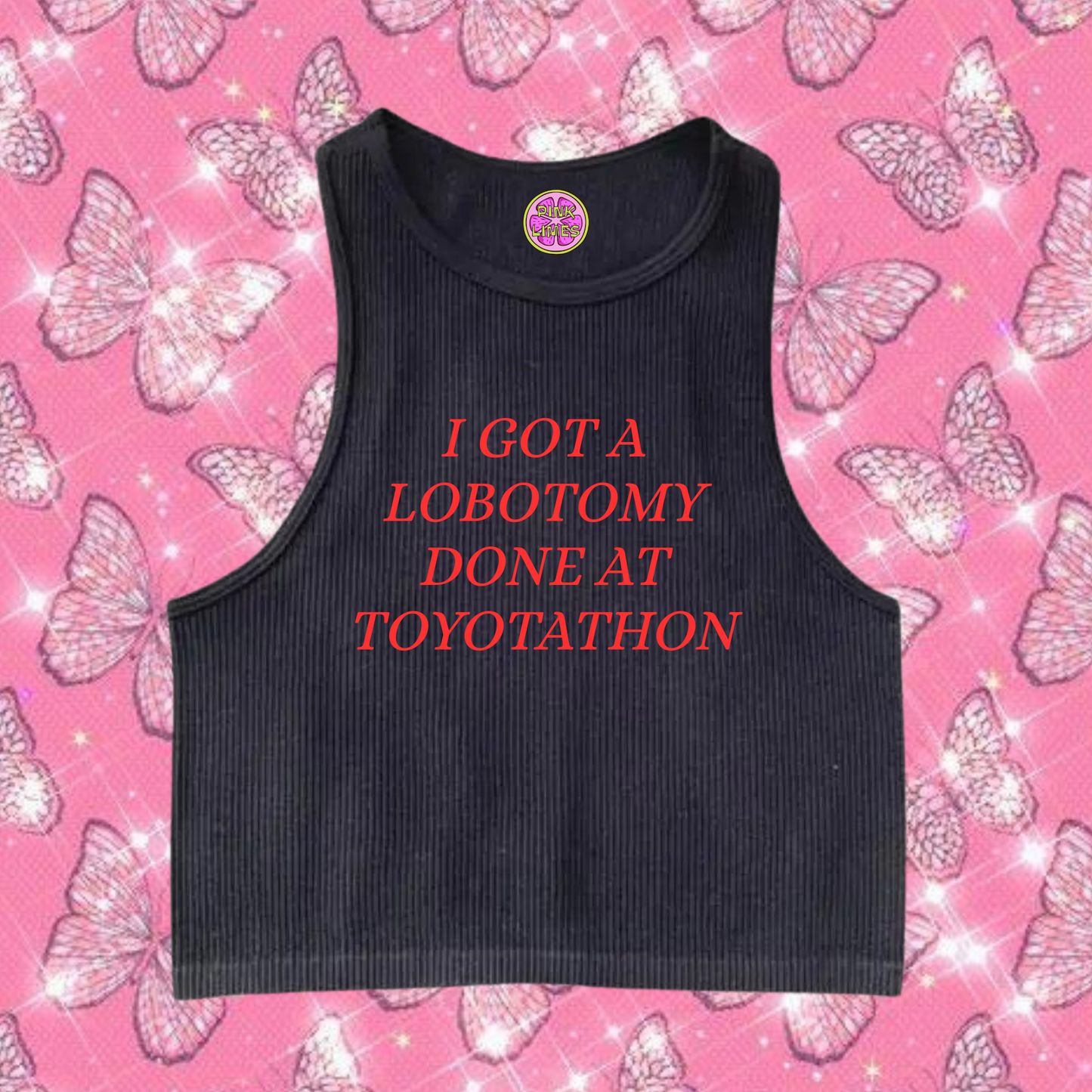 Lobotomy At Toyotathon Crop Tank Top Black Shirts & Tops PinkLimes Trending Streetwear