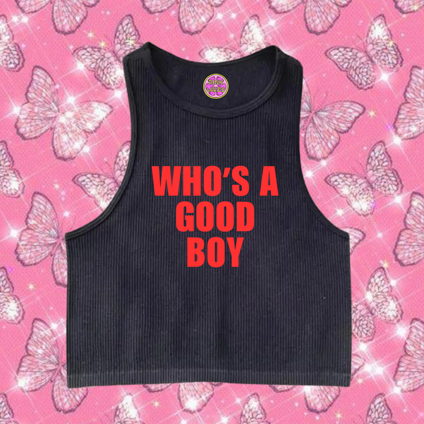 Who's A Good Boy Crop Tank Top Black Shirts & Tops PinkLimes Trending Streetwear