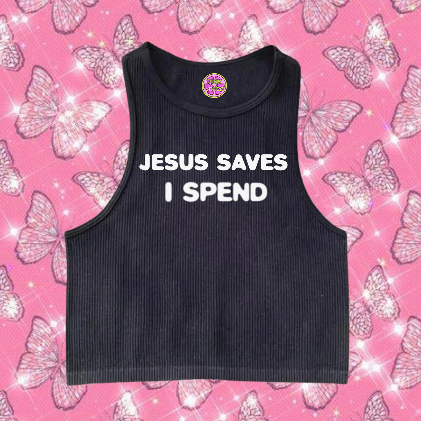Jesus Saves I Spend Crop Tank Top Black Shirts & Tops PinkLimes Trending Streetwear