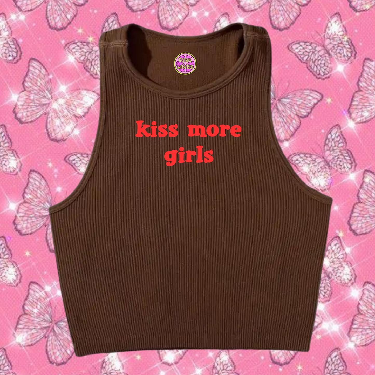 Kiss More Girls Crop Tank Top Brown Shirts & Tops PinkLimes Trending Streetwear