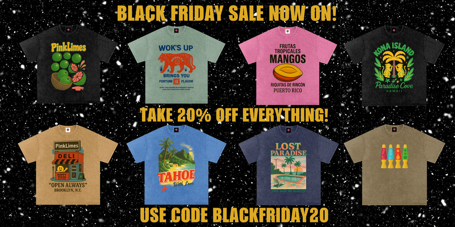 Collection of t-shirts with various designs on a black background with promotional text for a Black Friday sale.