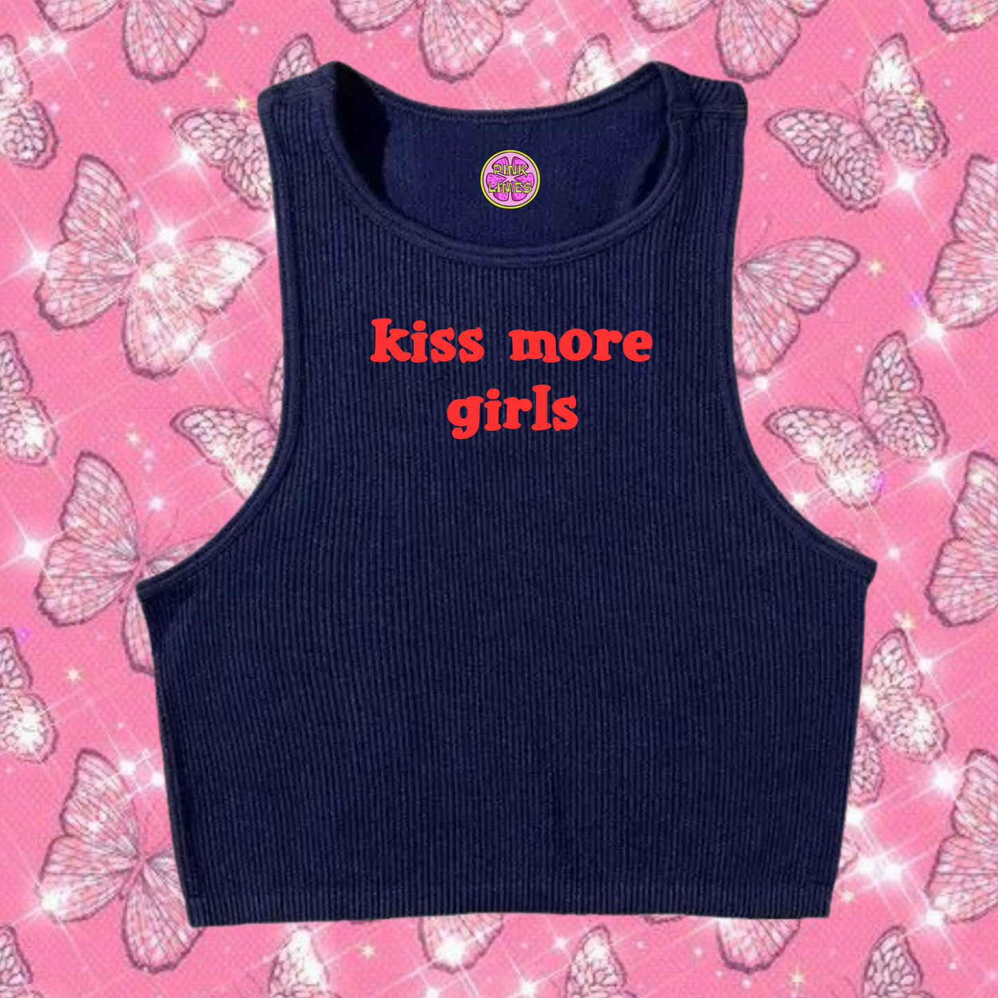 Kiss More Girls Crop Tank Top Navy Blue Shirts & Tops PinkLimes Trending Streetwear