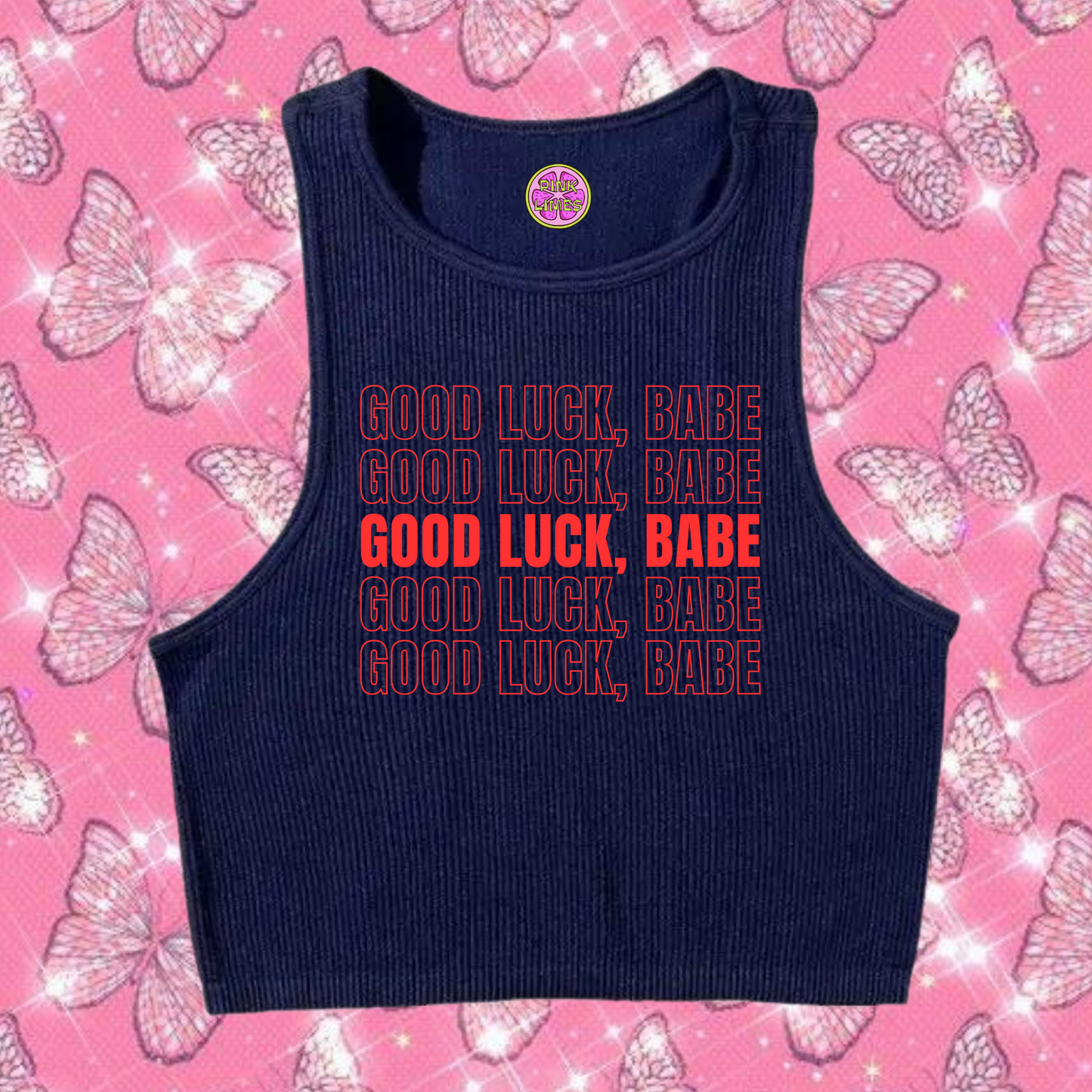 Good Luck, Babe Crop Tank Top Navy Blue Shirts & Tops PinkLimes Trending Streetwear