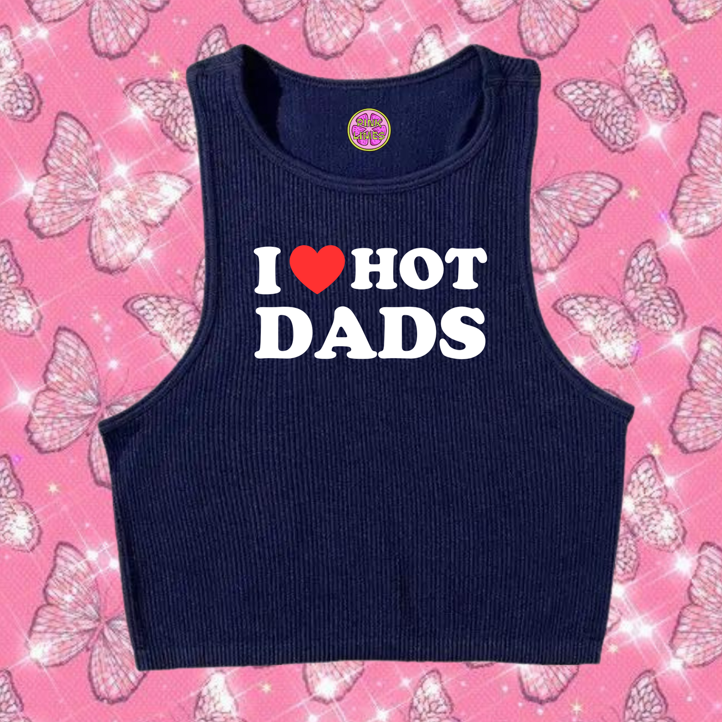I Love Hot Dads Crop Tank Top Navy Blue Shirts & Tops PinkLimes Trending Streetwear