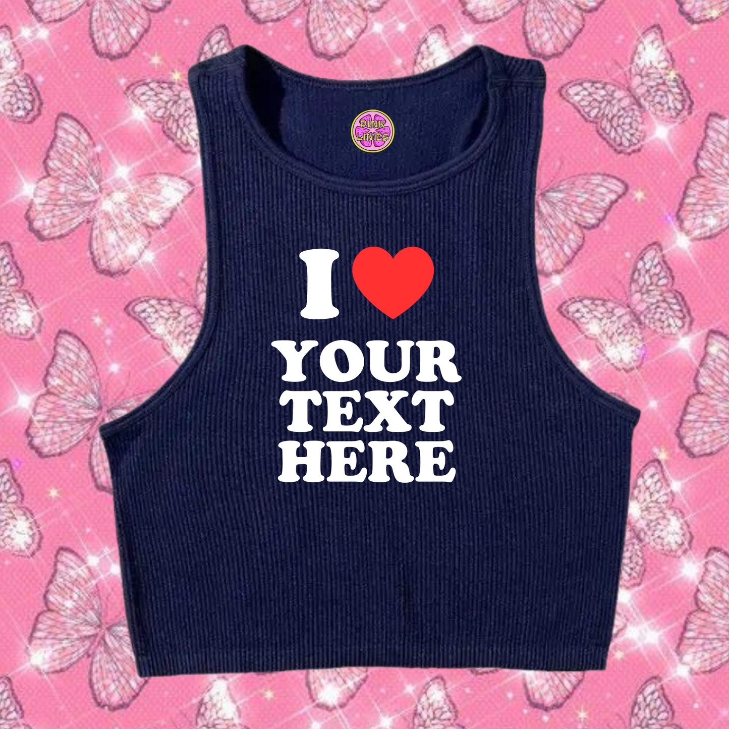 I Love Custom Text Tank Top Navy Blue Shirts & Tops PinkLimes Trending Streetwear