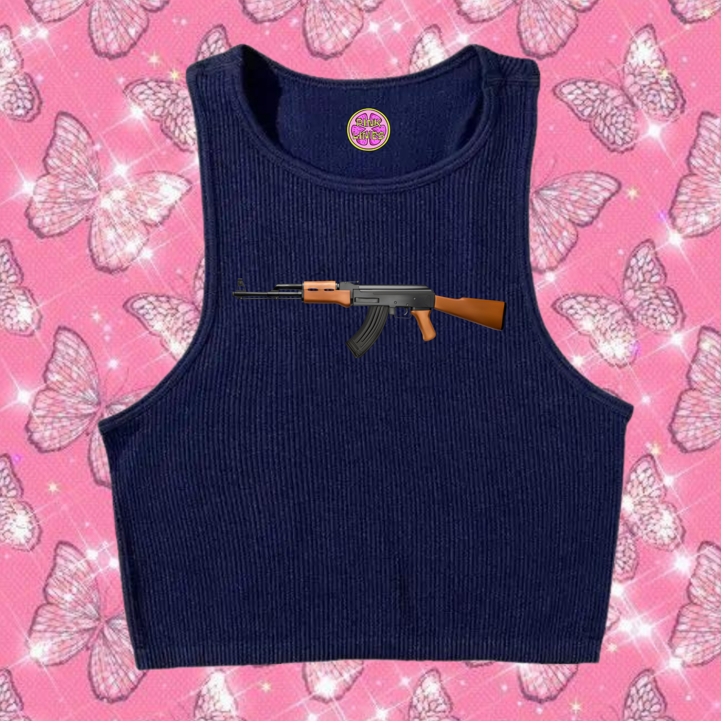 AK47 Crop Tank Top Navy Blue Shirts & Tops PinkLimes Trending Streetwear