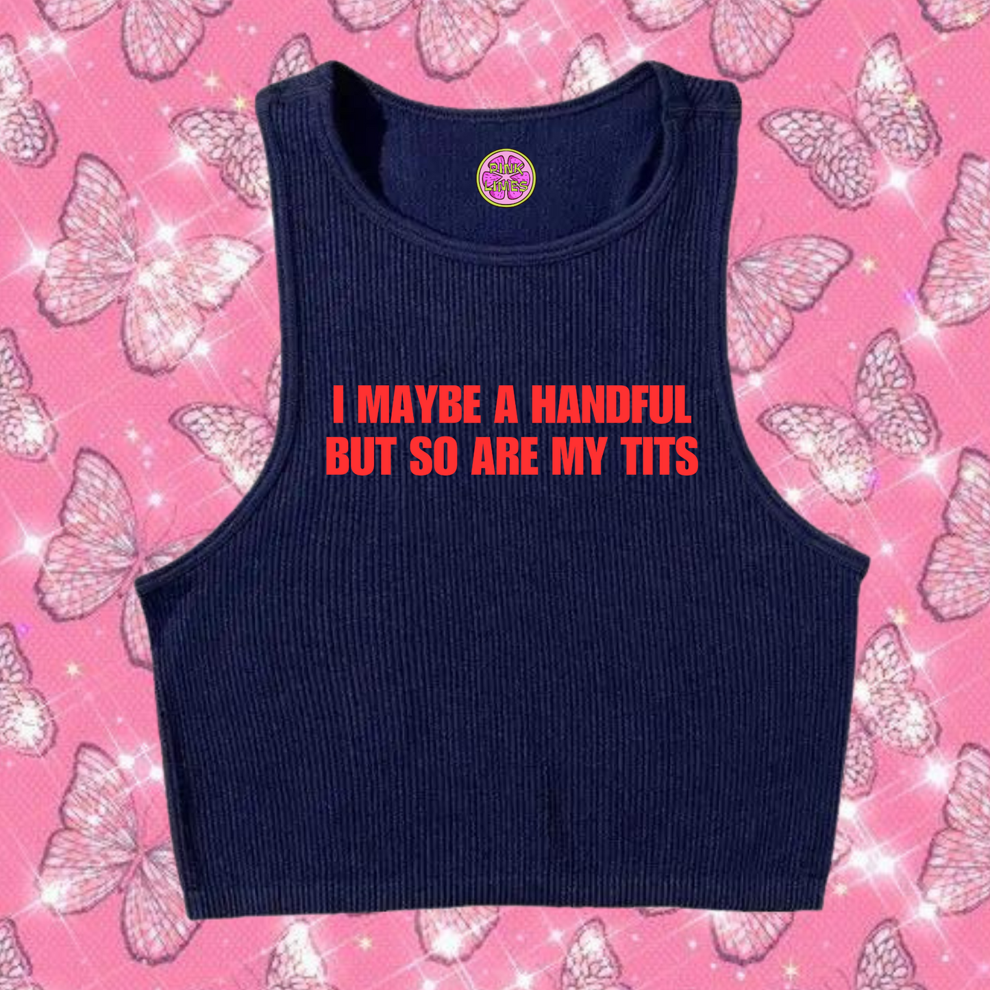 I Maybe A Handful Crop Tank Top Navy Blue Shirts & Tops PinkLimes Trending Streetwear