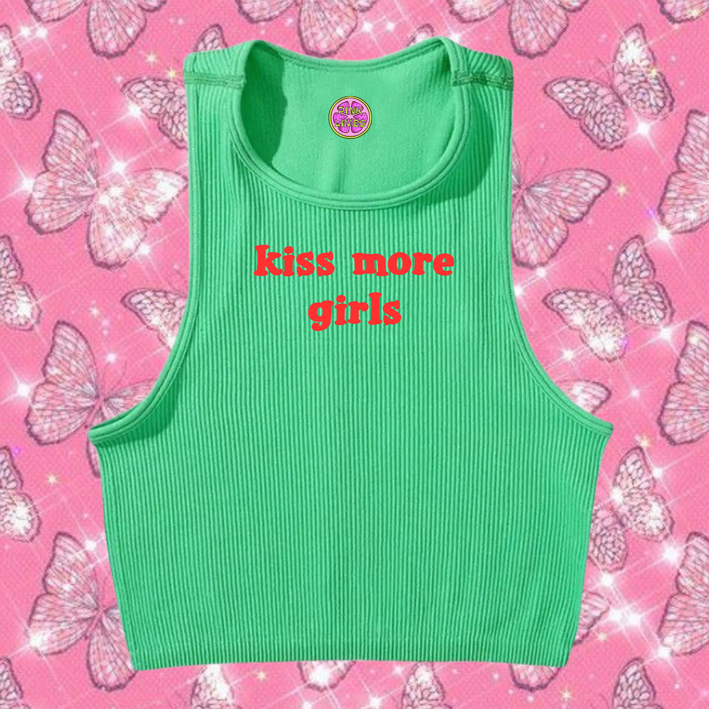 Kiss More Girls Crop Tank Top Emerald Green Shirts & Tops PinkLimes Trending Streetwear