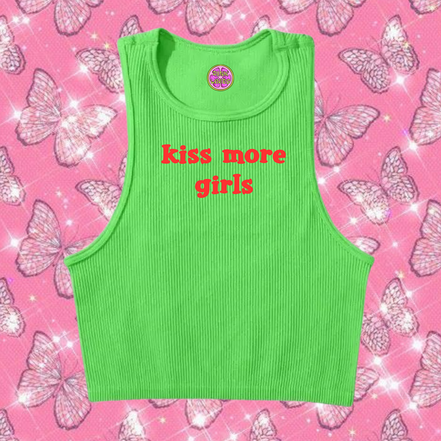 Kiss More Girls Crop Tank Top Green Shirts & Tops PinkLimes Trending Streetwear