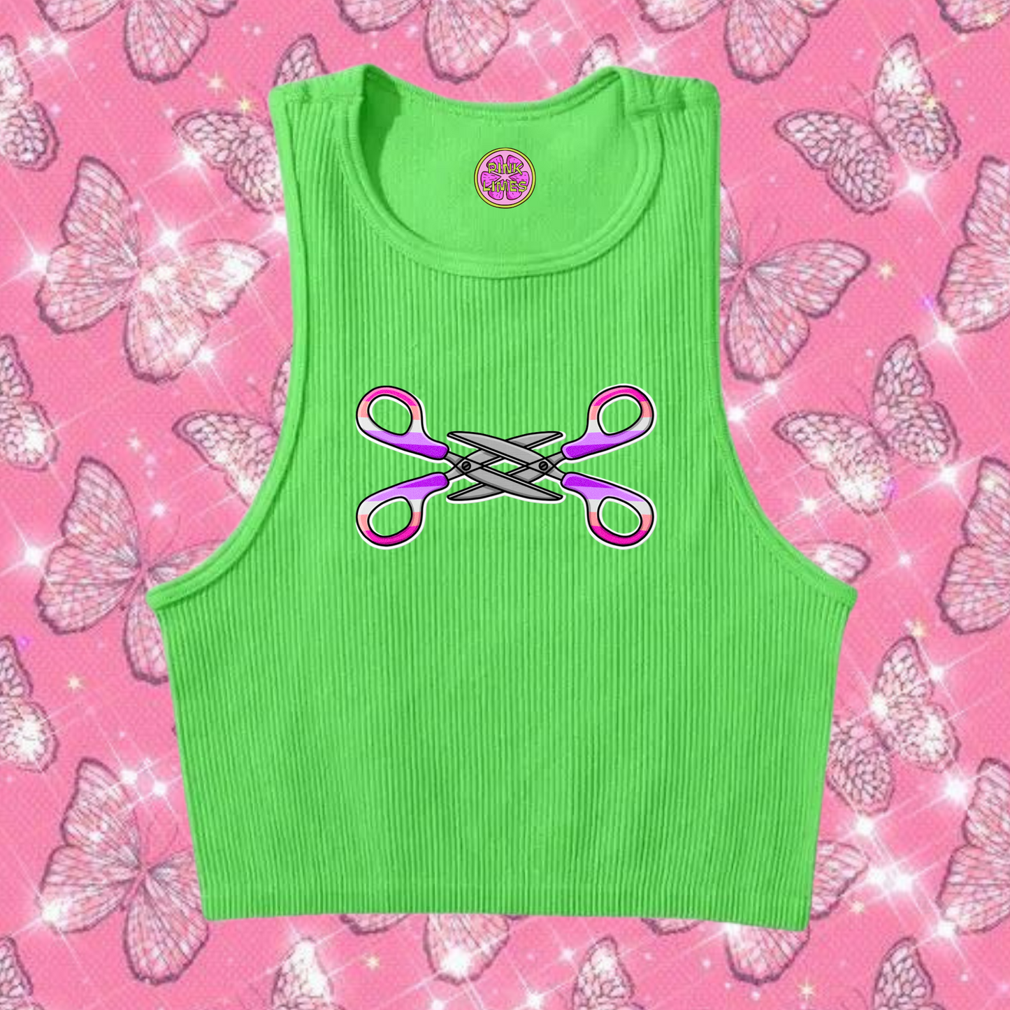 Scissor Love Crop Tank Top Green Shirts & Tops PinkLimes Trending Streetwear