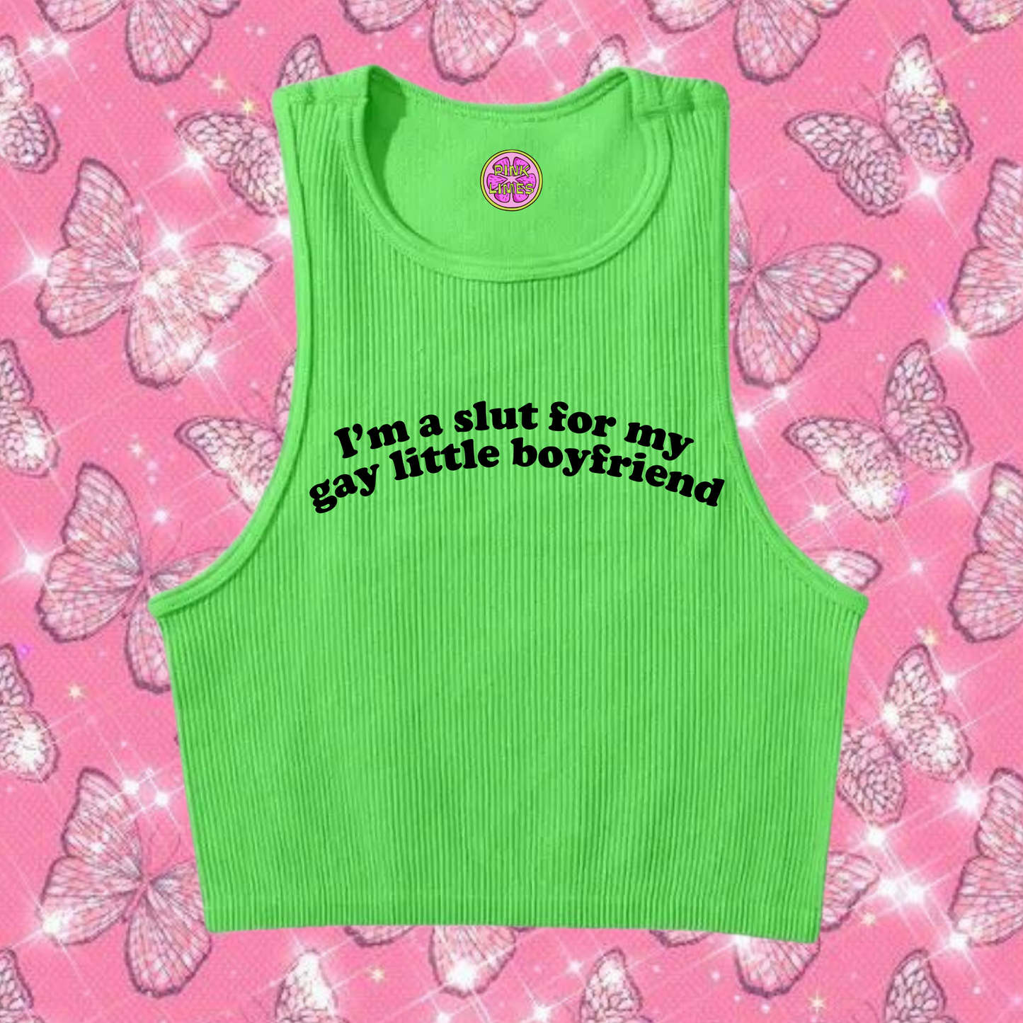 Sl*t For My Gay Little Crop Tank Top Green Shirts & Tops PinkLimes Trending Streetwear