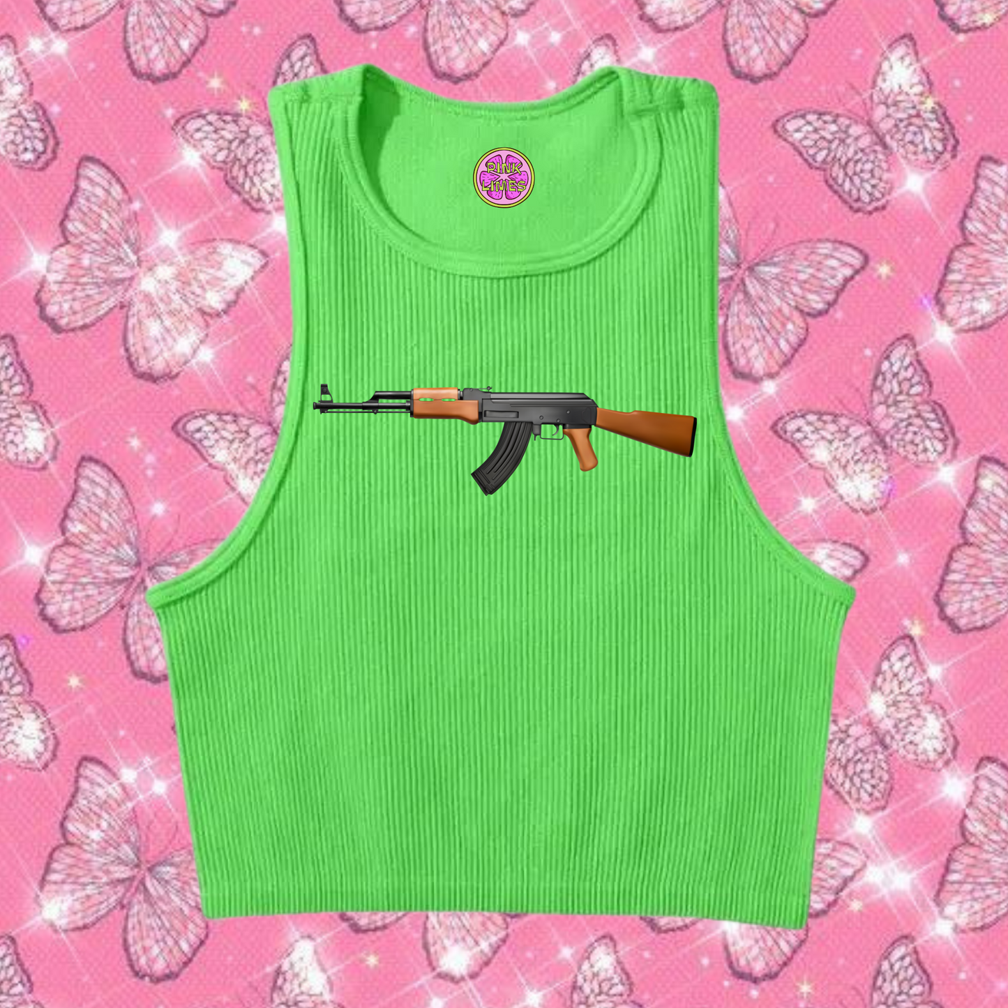 AK47 Crop Tank Top Green Shirts & Tops PinkLimes Trending Streetwear