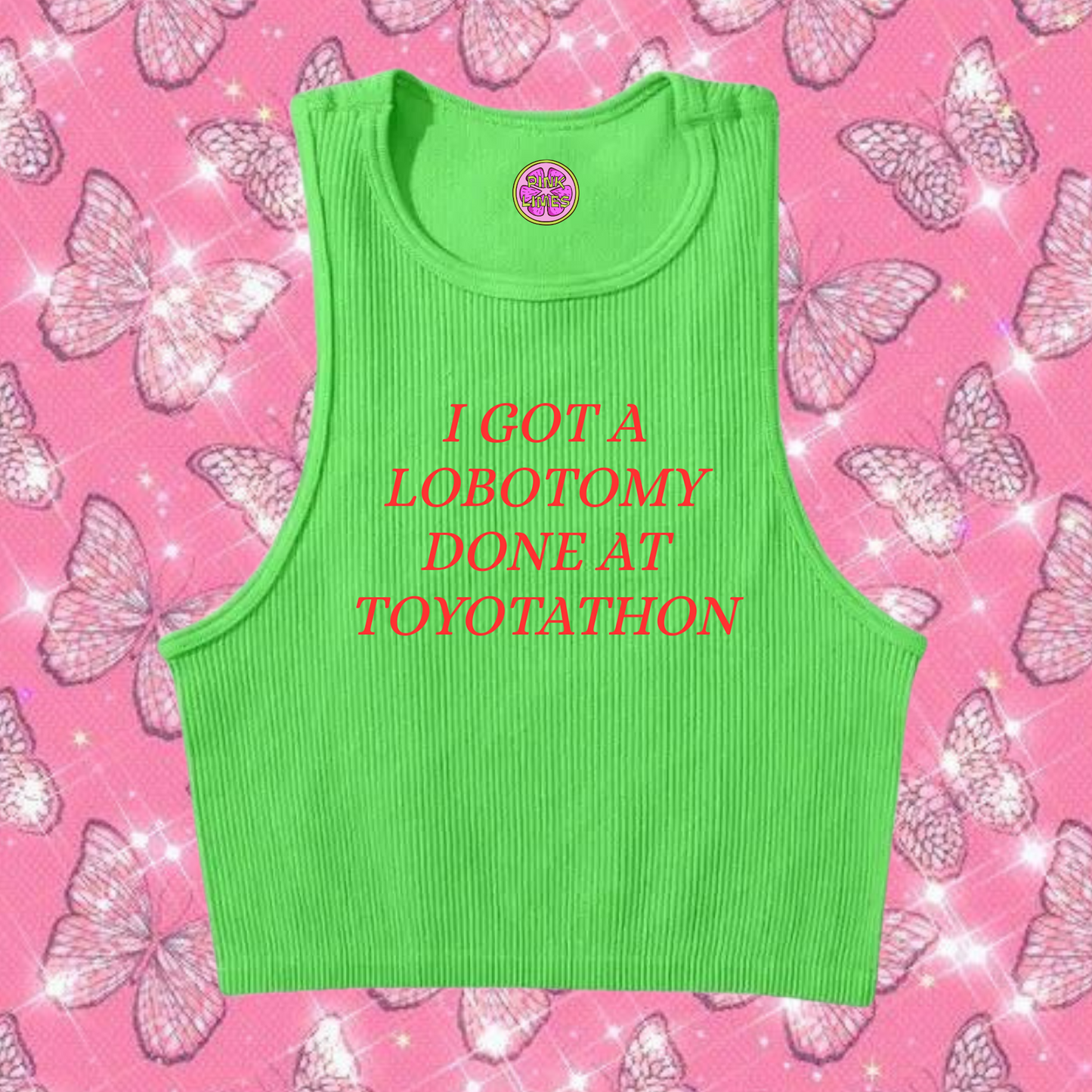 Lobotomy At Toyotathon Crop Tank Top Green Shirts & Tops PinkLimes Trending Streetwear