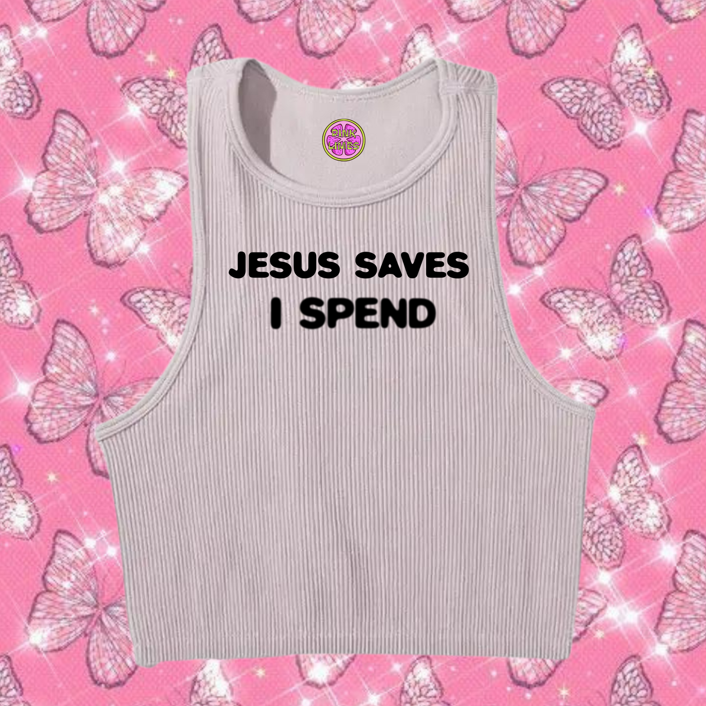 Jesus Saves I Spend Crop Tank Top Grey Shirts & Tops PinkLimes Trending Streetwear