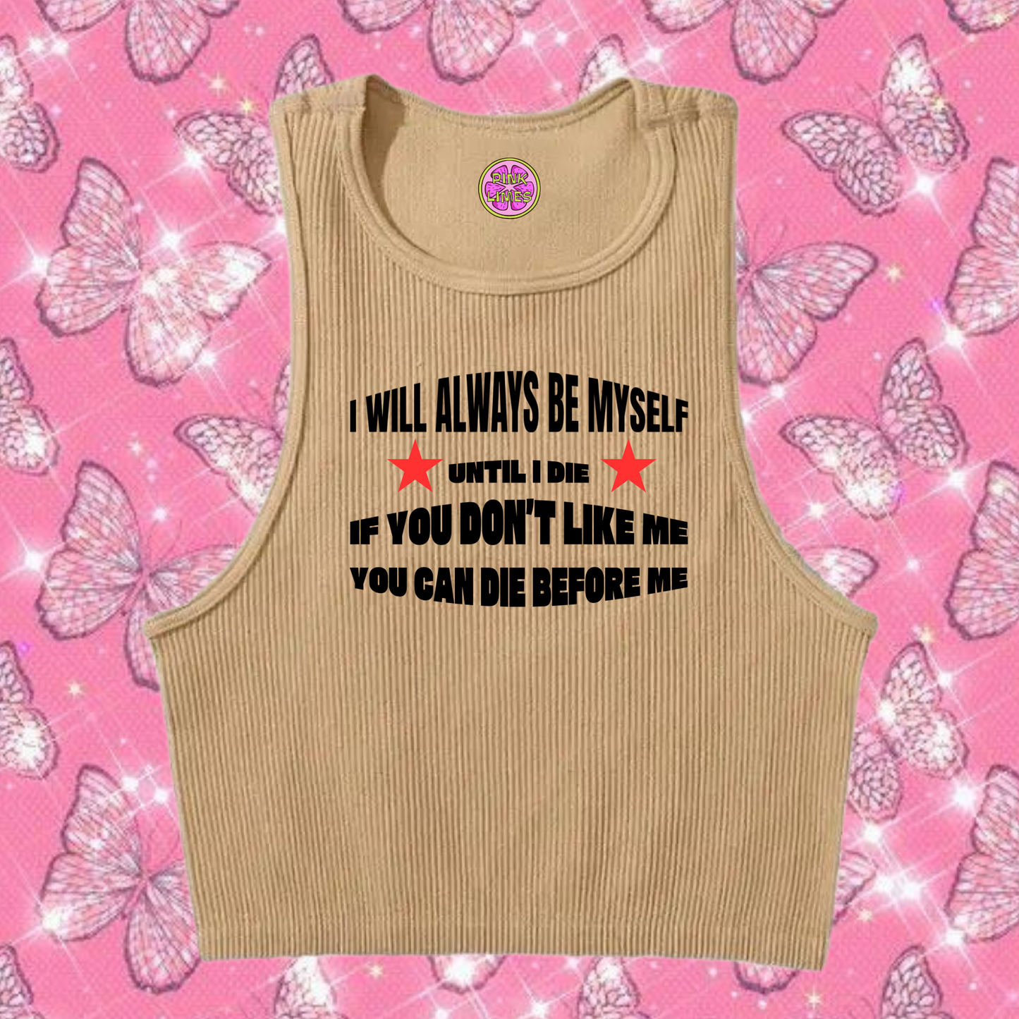 Always Be Myself Crop Tank Top Khaki Shirts & Tops PinkLimes Trending Streetwear