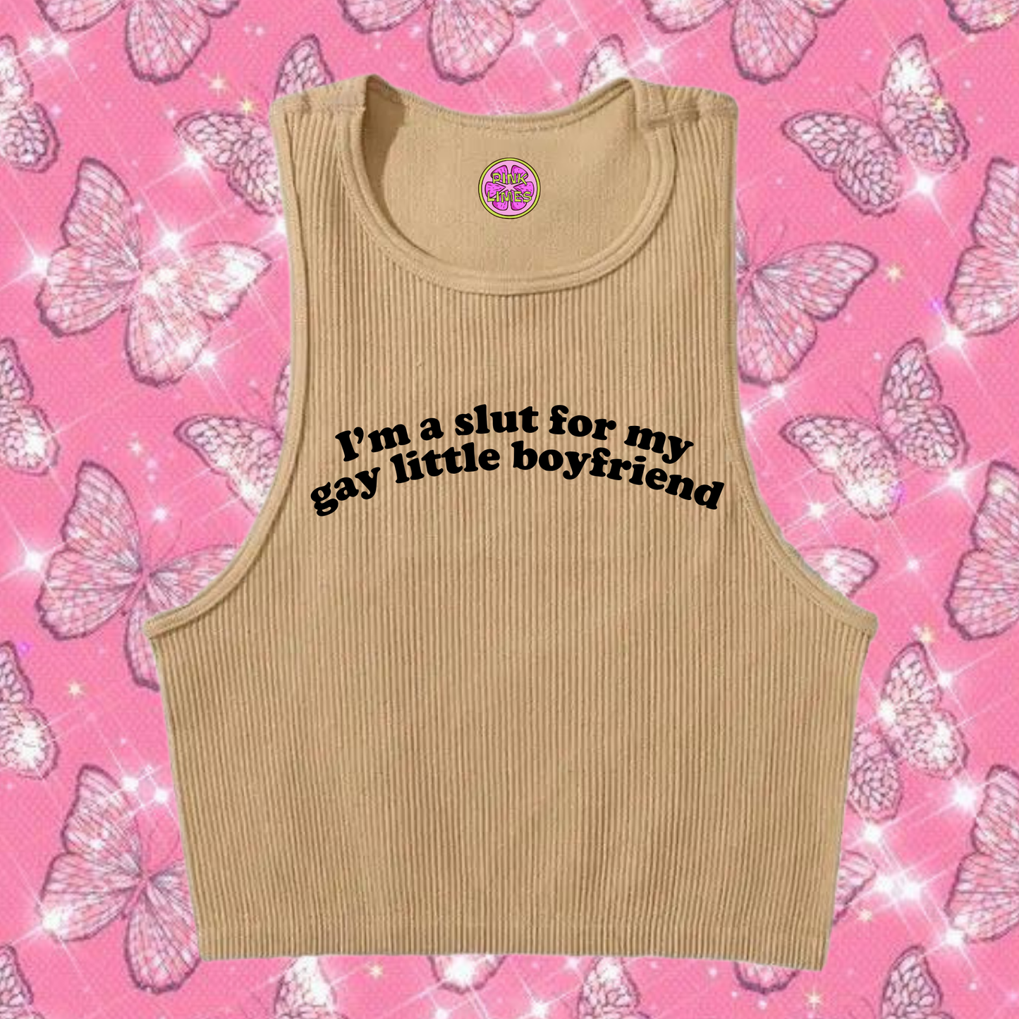 Sl*t For My Gay Little Crop Tank Top Khaki Shirts & Tops PinkLimes Trending Streetwear