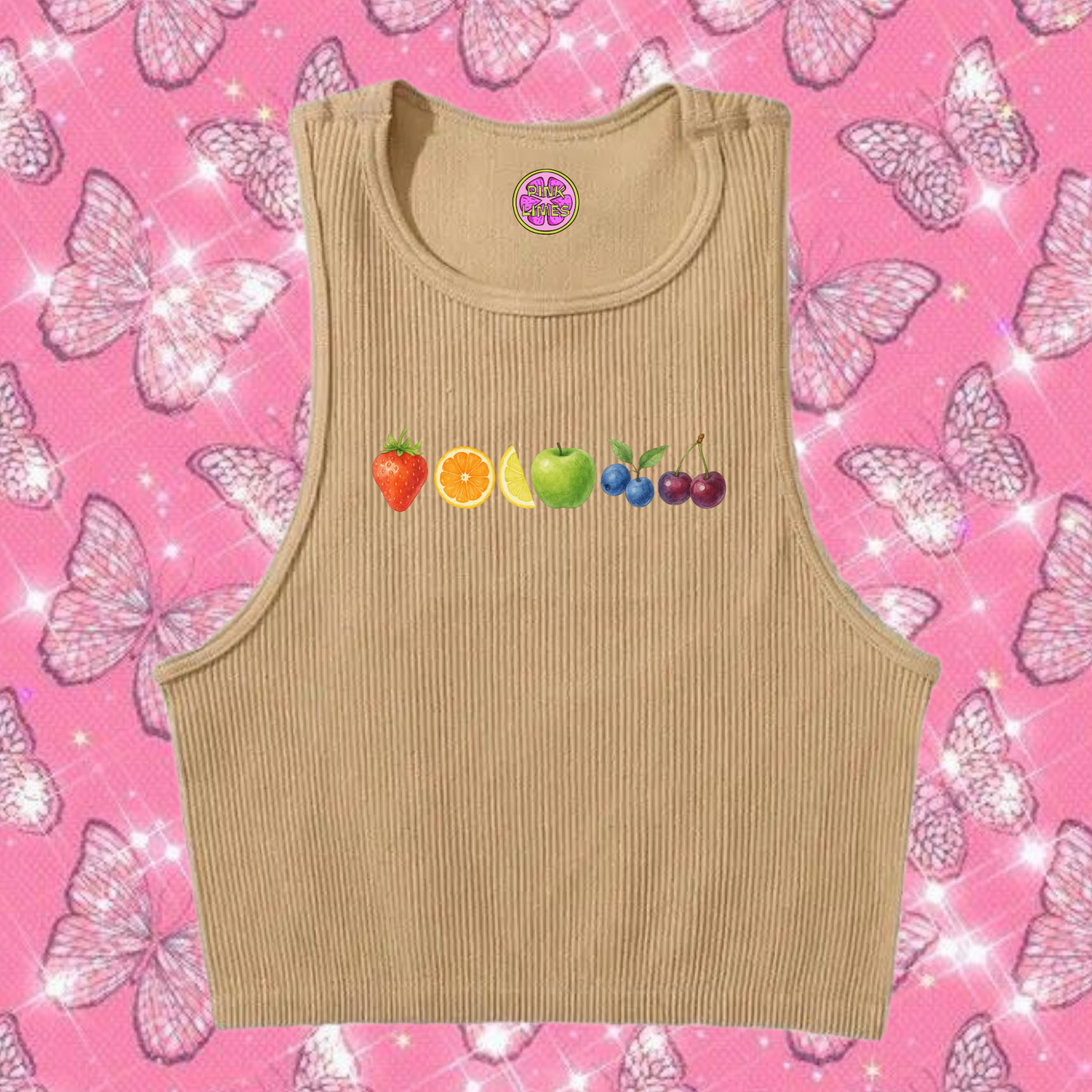 6 Fruity Crop Tank Top Khaki Shirts & Tops PinkLimes Trending Streetwear