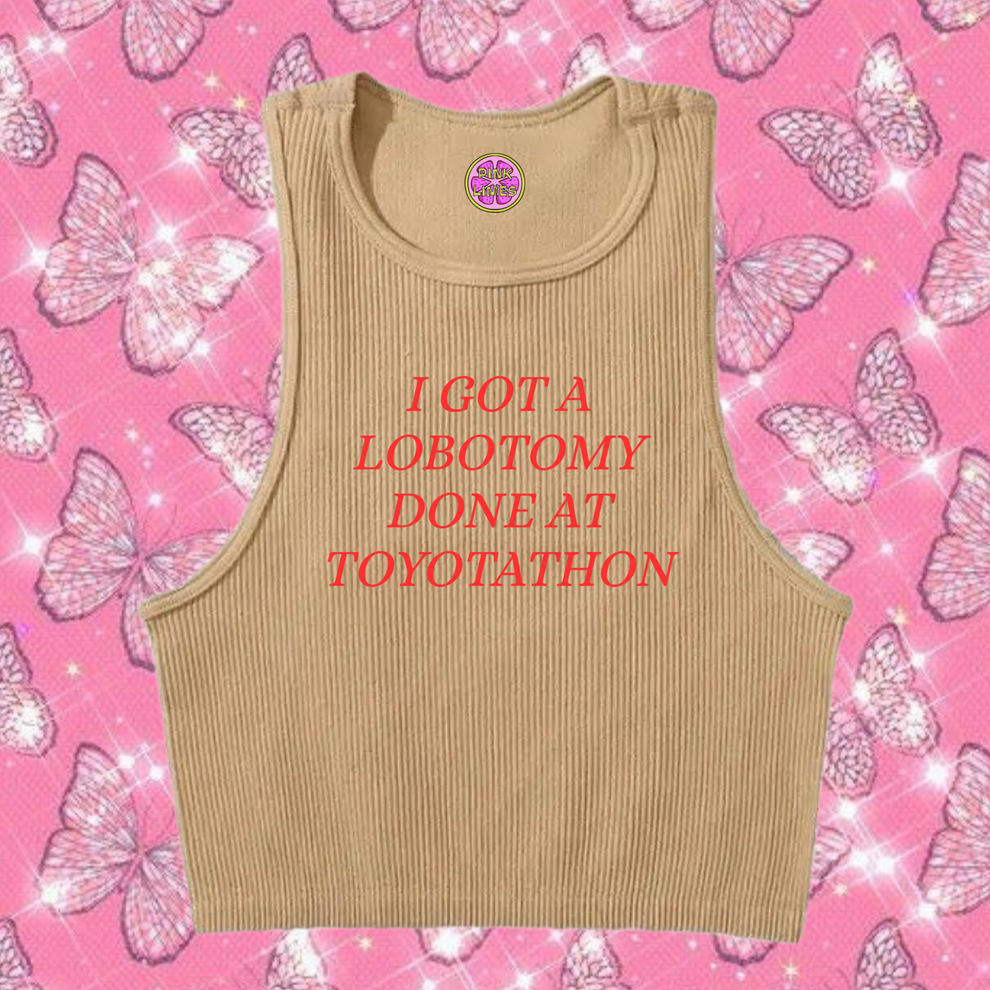 Lobotomy At Toyotathon Crop Tank Top Khaki Shirts & Tops PinkLimes Trending Streetwear