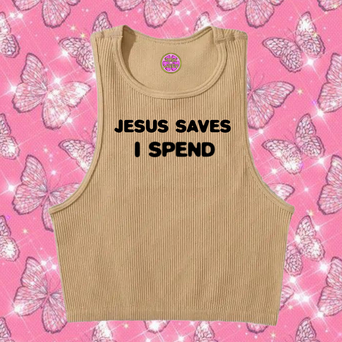 Jesus Saves I Spend Crop Tank Top Khaki Shirts & Tops PinkLimes Trending Streetwear