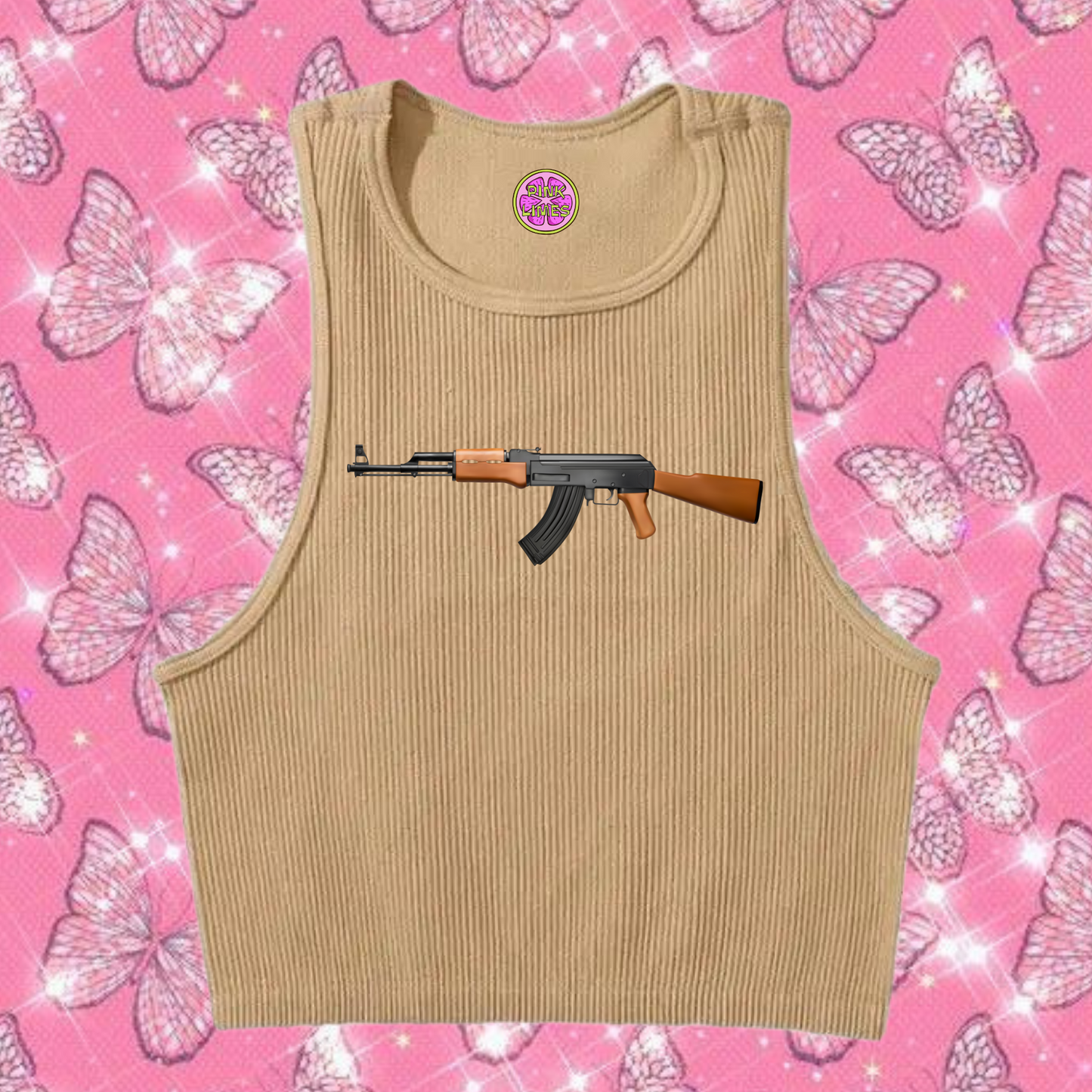 AK47 Crop Tank Top Khaki Shirts & Tops PinkLimes Trending Streetwear