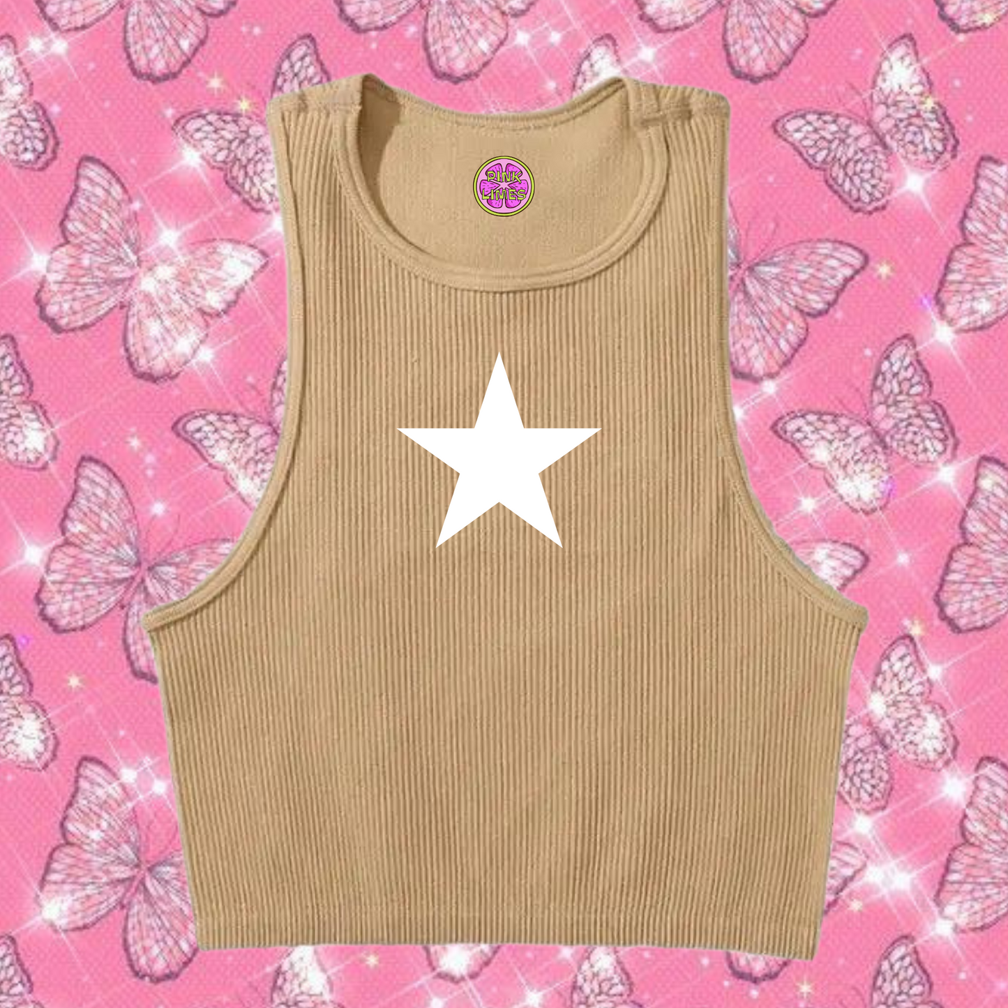 Star Crop Tank Top Khaki Shirts & Tops PinkLimes Trending Streetwear