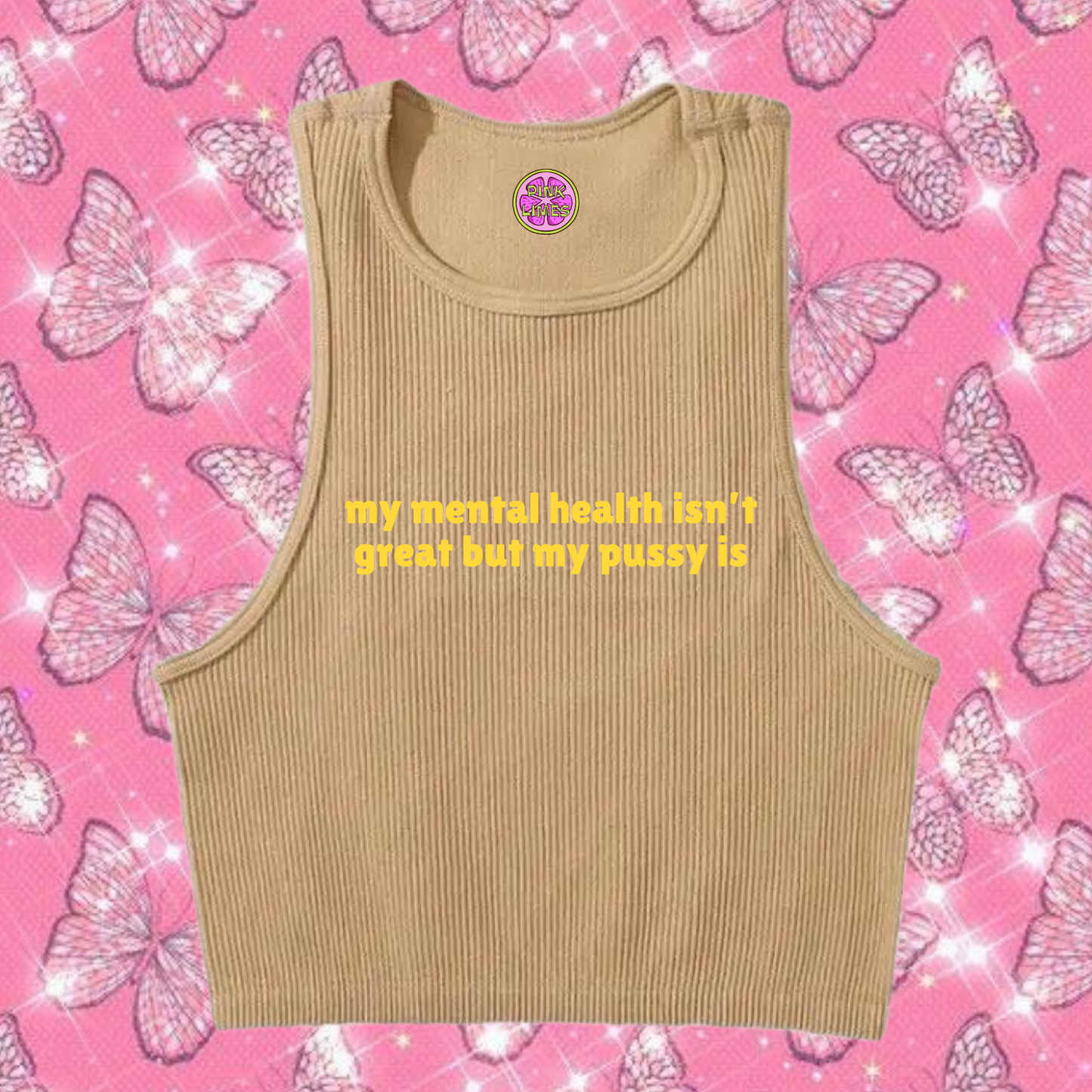 My Mental Health Isn't Great Crop Tank Top Khaki Shirts & Tops PinkLimes Trending Streetwear