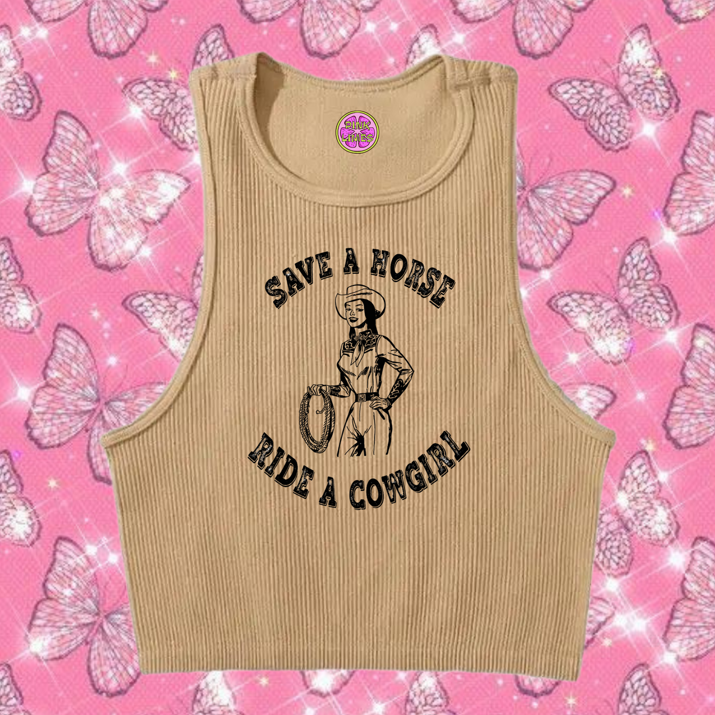 Save A Horse Ride A Cowgirl Crop Tank Top Khaki Shirts & Tops PinkLimes Trending Streetwear