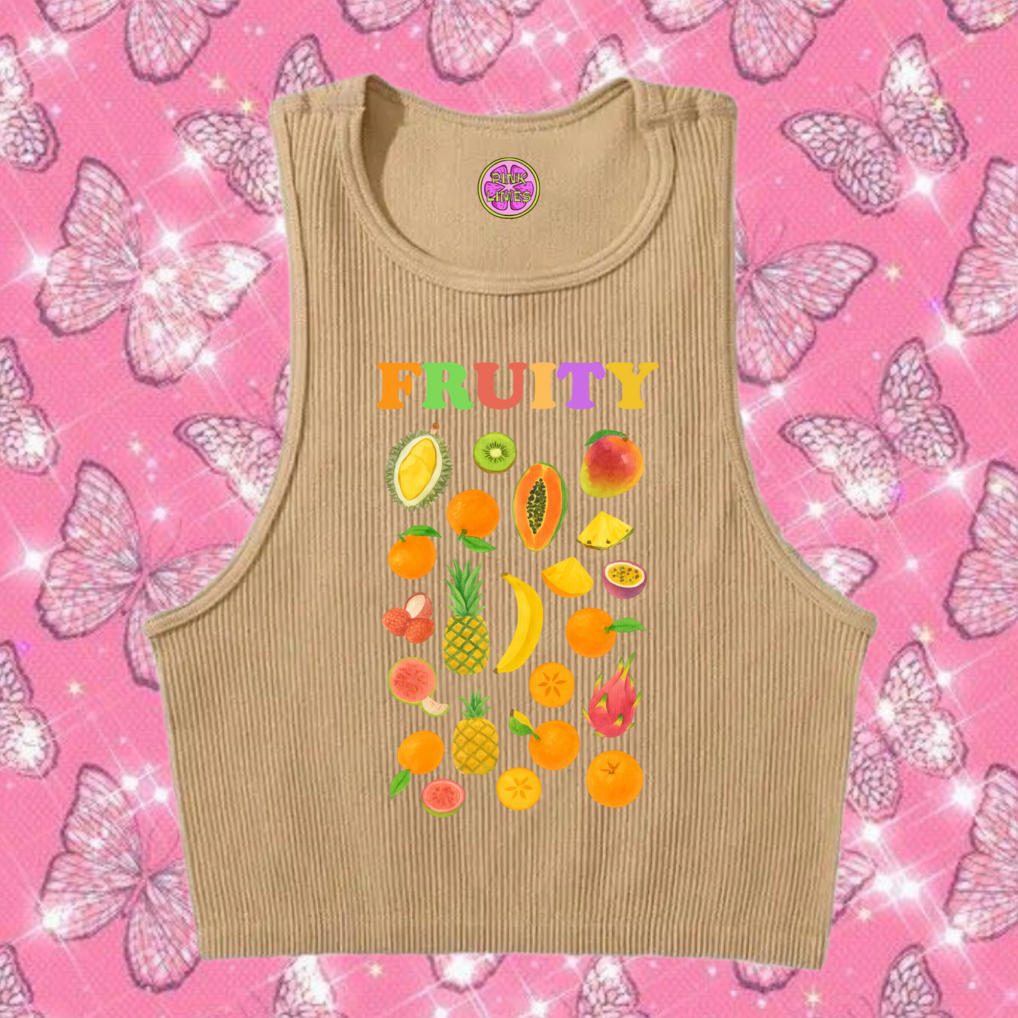 Fruity Crop Tank Top Khaki Shirts & Tops PinkLimes Trending Streetwear