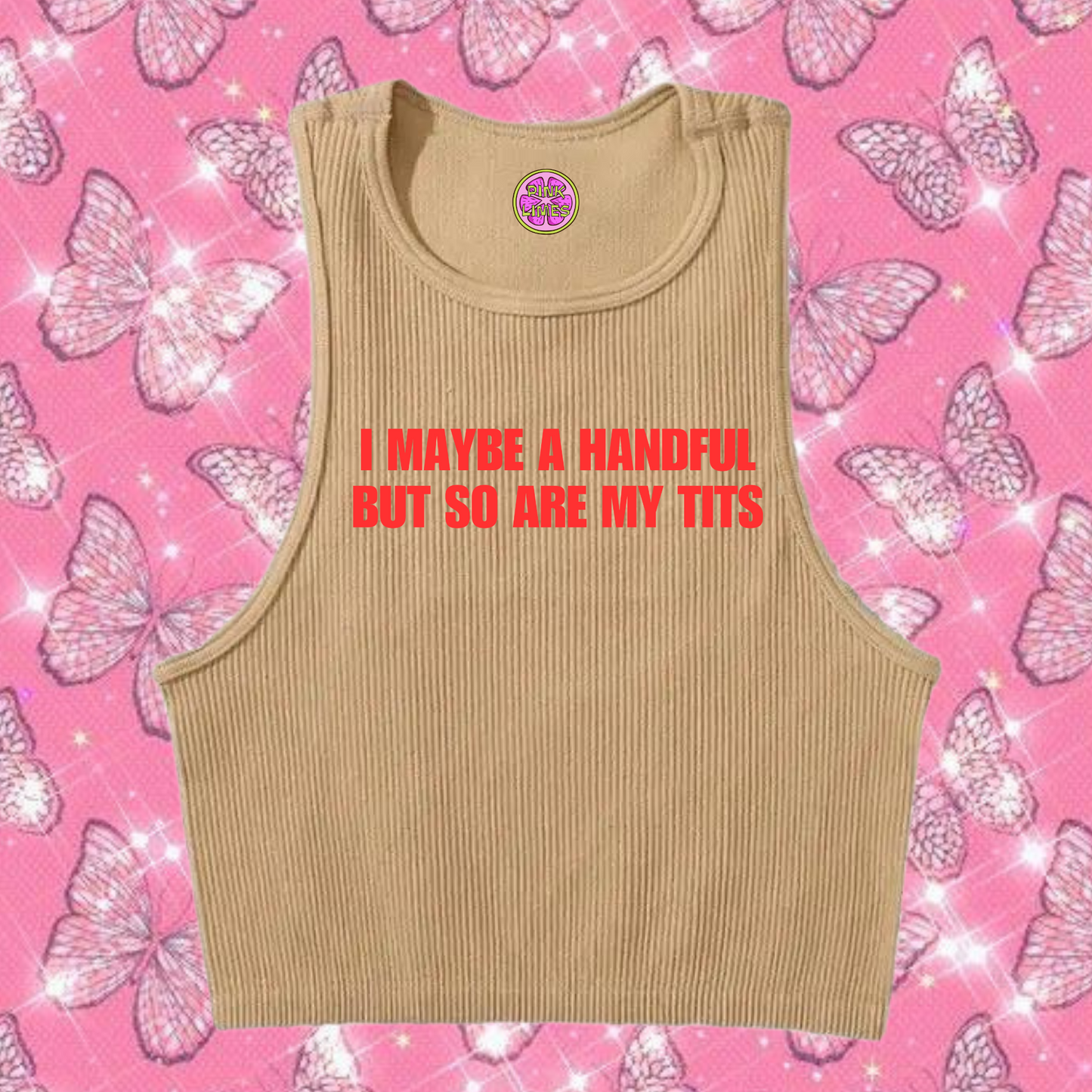 I Maybe A Handful Crop Tank Top Khaki Shirts & Tops PinkLimes Trending Streetwear