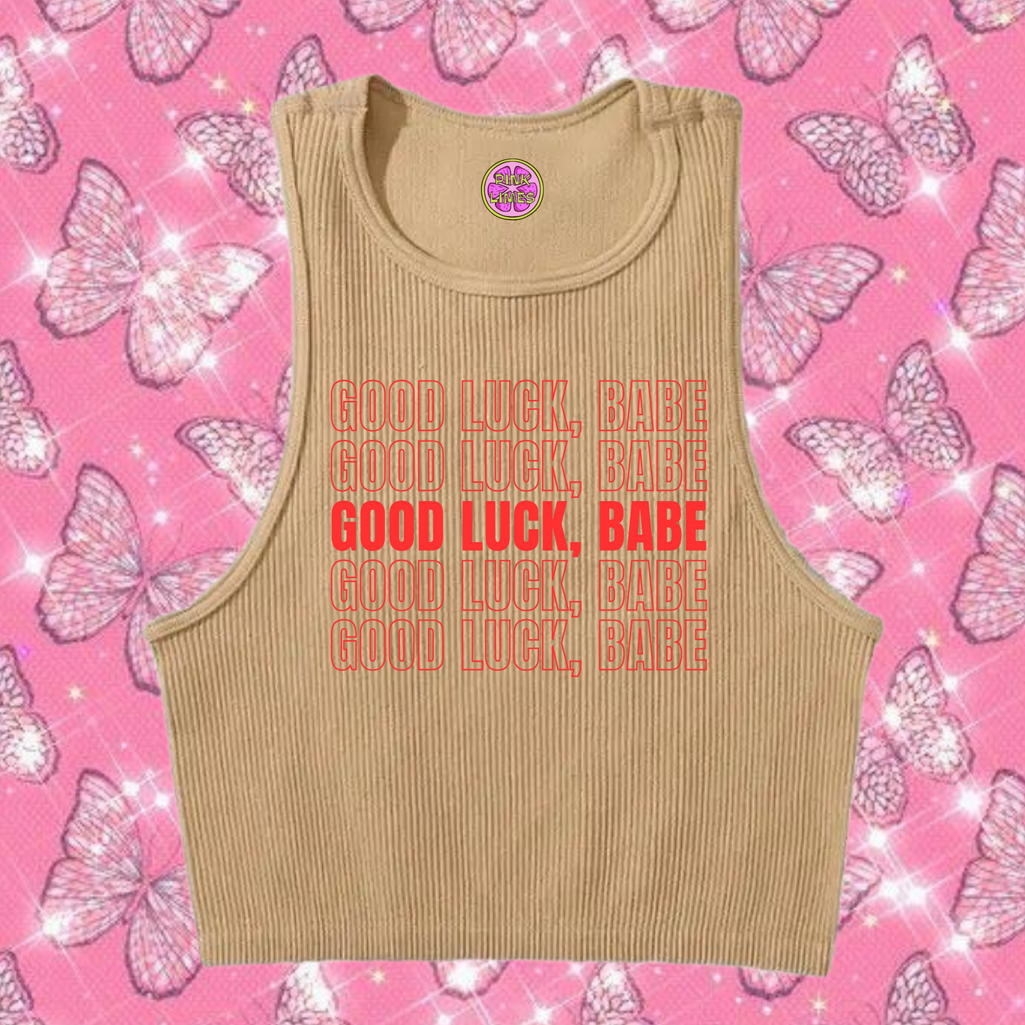 Good Luck, Babe Crop Tank Top Khaki Shirts & Tops PinkLimes Trending Streetwear
