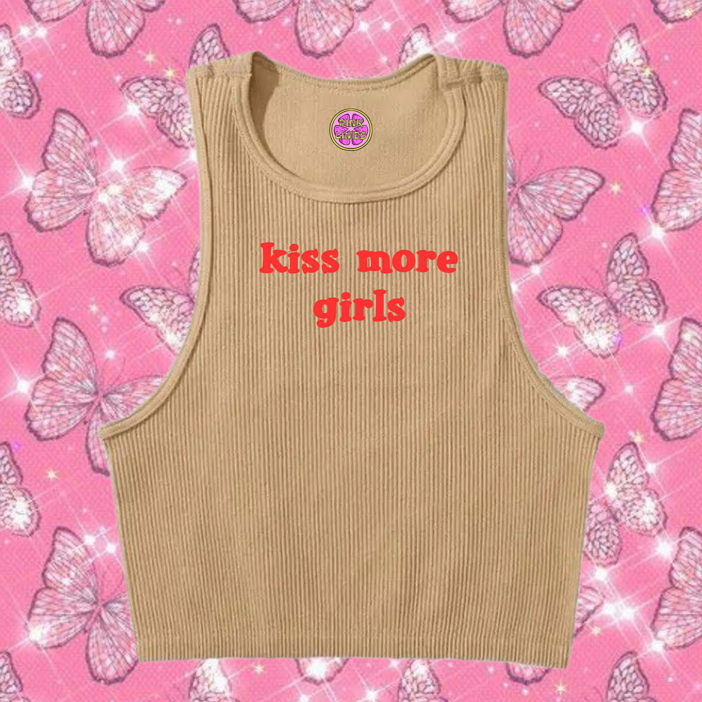 Kiss More Girls Crop Tank Top Khaki Shirts & Tops PinkLimes Trending Streetwear