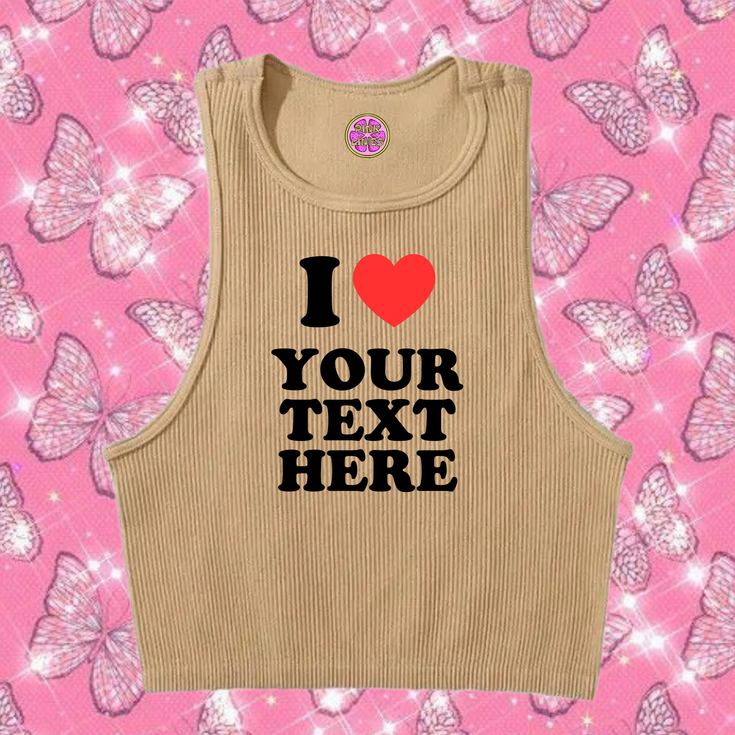 I Love Custom Text Tank Top Khaki Shirts & Tops PinkLimes Trending Streetwear