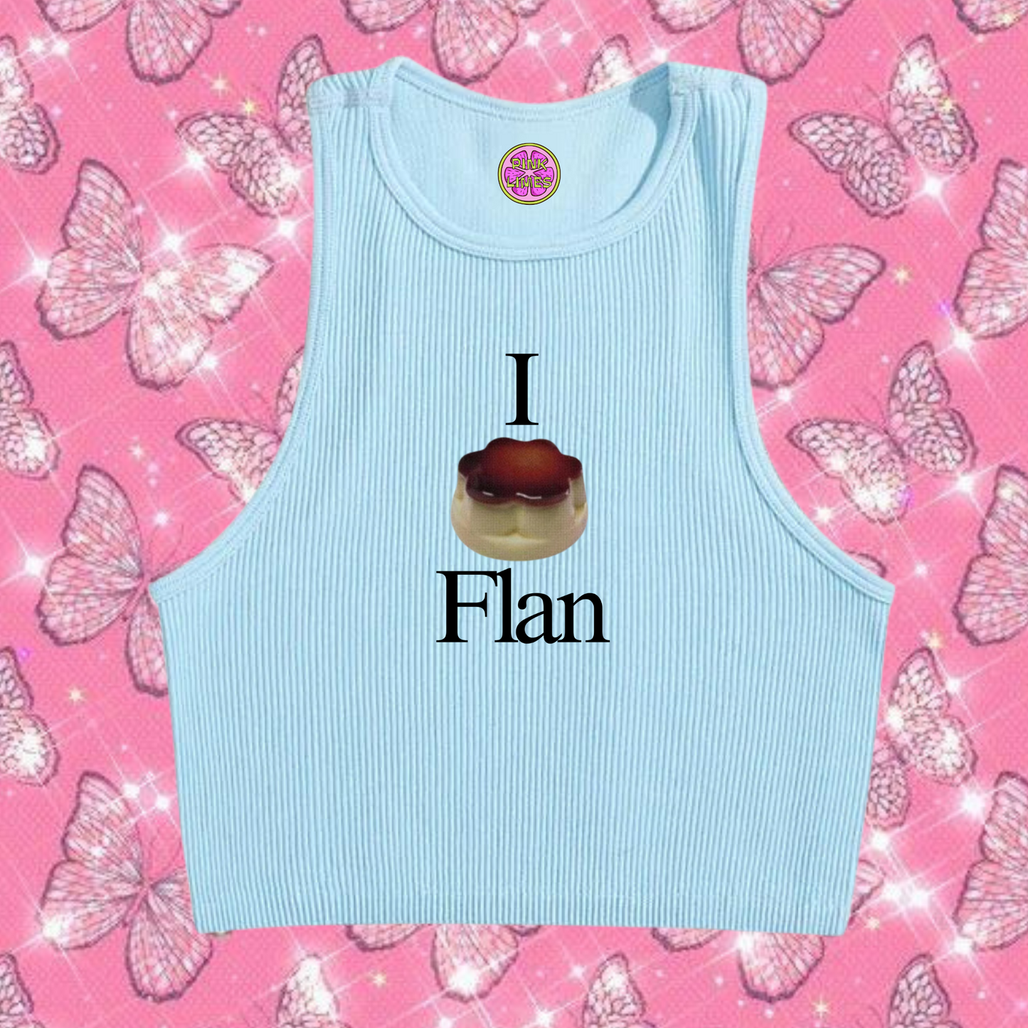 I Love Flan Crop Tank Top Light Blue Shirts & Tops PinkLimes Trending Streetwear