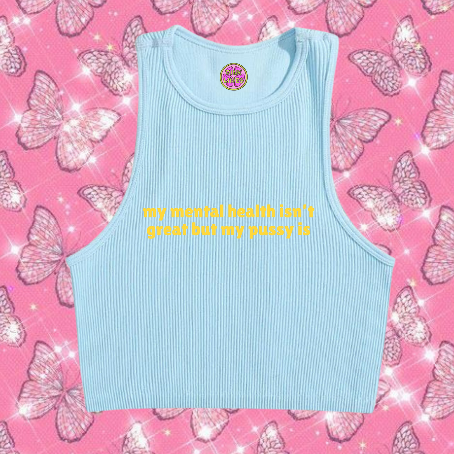 My Mental Health Isn't Great Crop Tank Top Light Blue Shirts & Tops PinkLimes Trending Streetwear