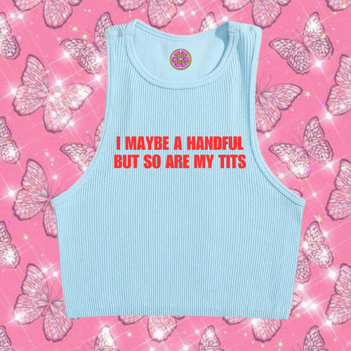 I Maybe A Handful Crop Tank Top Light Blue Shirts & Tops PinkLimes Trending Streetwear