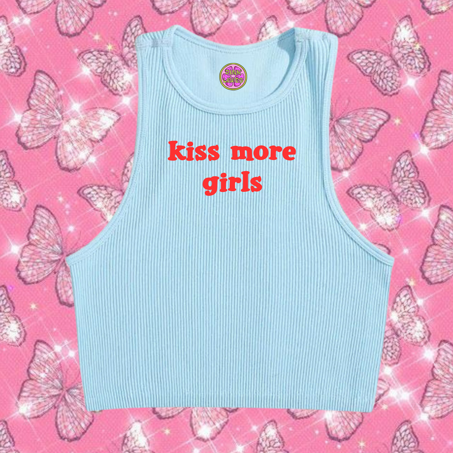 Kiss More Girls Crop Tank Top Light Blue Shirts & Tops PinkLimes Trending Streetwear
